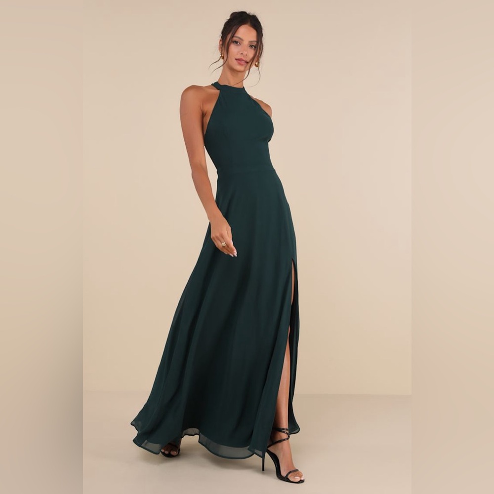 Lulus-Confidently Charismatic Emerald Backless Halter Maxi Dress (S/M)
